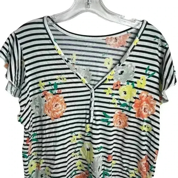 Loft Women's V-Neck Striped Floral T-Shirt Multicolor Size L - Picture 2 of 9